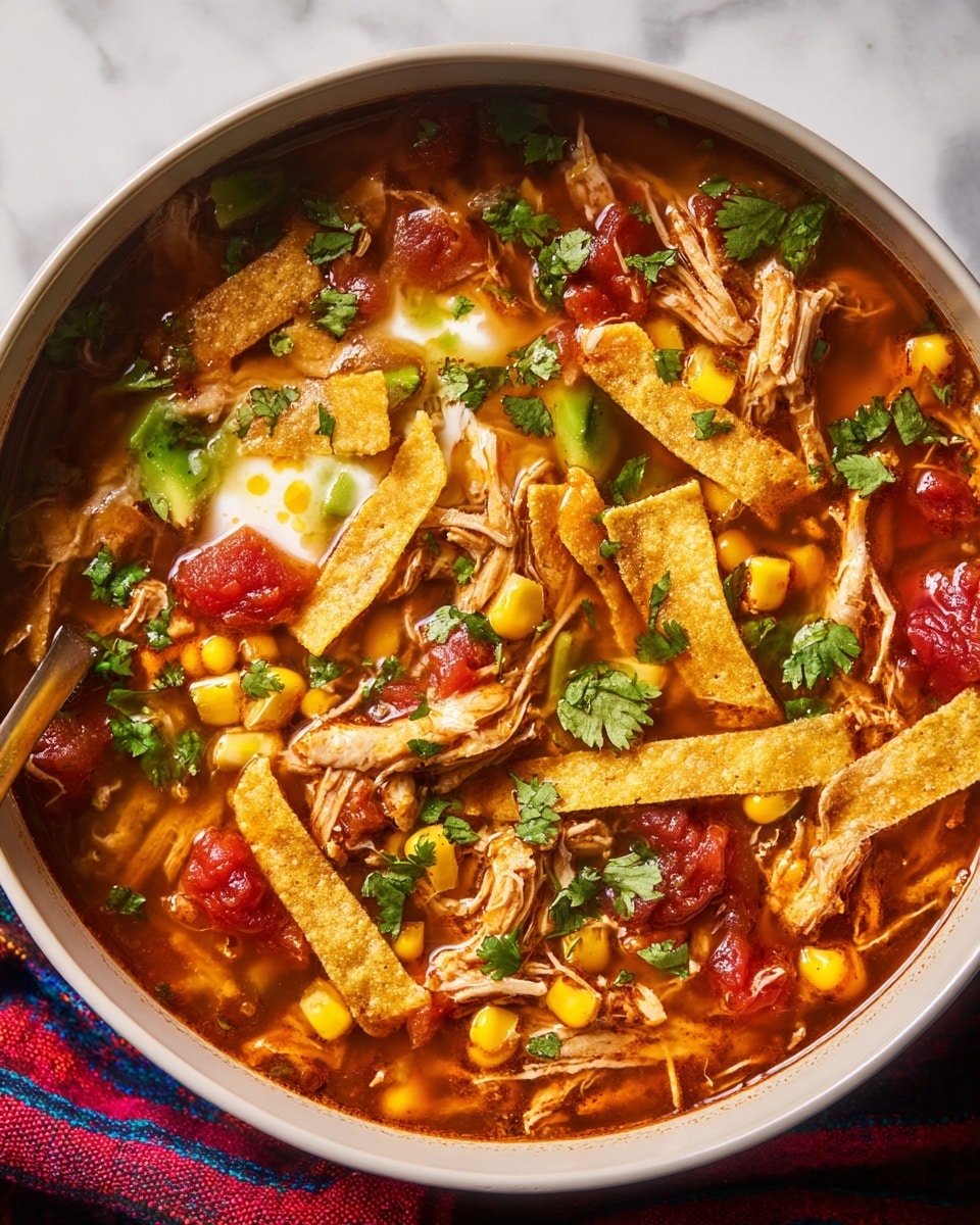 The image shows a white bowl filled with a rich, reddish-brown broth as the first layer, with visible pieces of shredded chicken made of light brown strands scattered throughout. Floating in the soup are bright yellow corn kernels and red tomato chunks, adding pops of color. On top, there are crispy golden tortilla strips arranged in different sizes, some slightly submerged and others resting on the surface. Fresh green cilantro leaves are sprinkled as garnish, adding a fresh contrast. The bowl sits on a white marbled surface next to a red and blue striped cloth. Photo taken with an iphone --ar 4:5 --v 7