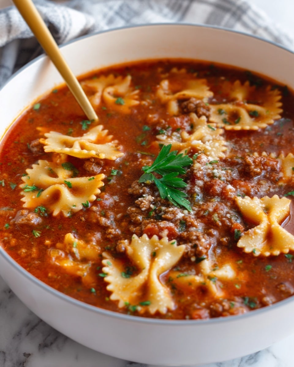 A white bowl filled with tomato-based soup containing ground meat and several large bowtie pasta pieces floating on top, each pasta showing a light yellow color and smooth texture, garnished with a small bunch of fresh green parsley in the center; a spoon is partially submerged in the soup on the left side, resting against the bowl. The soup looks thick with visible bits of meat and herbs spread evenly throughout. The bowl is set on a white marbled surface. Photo taken with an iphone --ar 4:5 --v 7