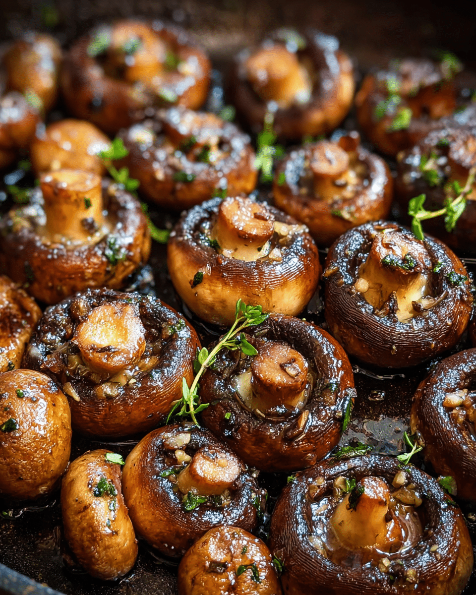The image shows a close-up of cooked mushrooms in a pan, with no plate visible. The mushrooms are whole, browned on the top and edges, and have a shiny, slightly oily texture. Each mushroom is garnished with small pieces of green herbs and bits of crushed garlic. The mushrooms vary in size and are packed closely together, showing a mix of light and dark golden brown colors with some charred spots. The background is a dark pan surface with a few glistening oil spots. photo taken with an iphone --ar 4:5 --v 7