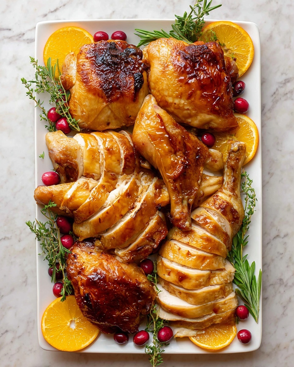 A white rectangular plate holds a beautifully arranged roasted chicken cut into several layers, with two large pieces of crispy, golden-brown chicken thighs and two drumsticks with shiny, glazed skin placed on top and between the slices. The chicken slices have a light brown crust with a juicy white inside, fanned out on each side of the plate. Around the chicken are bright orange slices, dark red cranberries, and fresh green sprigs of rosemary and thyme, adding a vibrant color contrast to the warm tones of the chicken. The plate rests on a white marbled surface, enhancing the fresh and clean presentation of the dish. Photo taken with an iphone --ar 4:5 --v 7