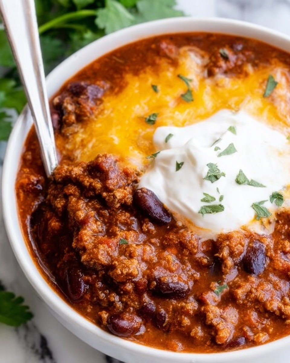A close-up view of a white bowl filled with three visible layers of chili. The bottom layer is thick and reddish-brown with chunks of ground meat and dark red kidney beans scattered throughout. On top of this is a smooth layer of melted yellow cheddar cheese that partially covers the chili. On one side, there is a dollop of thick white sour cream sitting on the cheese. The chili looks rich and juicy with small bits of green herbs sprinkled sparingly. A silver spoon is partially inserted into the bowl's edge. The background is a white marbled surface with some green leafy herbs slightly blurred. Photo taken with an iphone --ar 4:5 --v 7