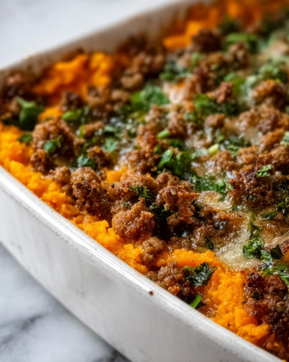 A close-up view of a white ceramic dish filled with a baked casserole, showing a bottom layer of soft, bright orange chunks of cooked sweet potatoes. On top, there is a thick layer of browned ground meat with crumbly texture and some melted cheese peeking through. Small green herbs are sprinkled over the top, adding a fresh touch. The dish edges are slightly rusty and bubbly, with steam rising gently. The background surface is a white marbled texture. Photo taken with an iphone --ar 4:5 --v 7