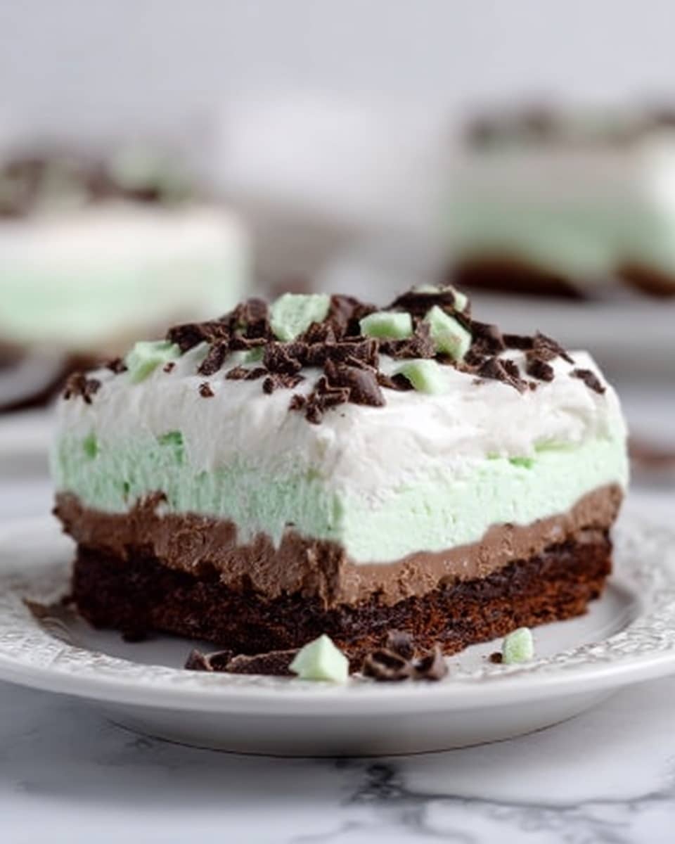 The image shows a square slice of layered dessert on a white plate with a subtle pattern, placed on a white marbled surface. The dessert has four distinct layers from bottom to top: a dense dark brown chocolate base, a thick mint green creamy layer, a smooth dark brown chocolate layer, and a fluffy white cream layer on top. Small dark chocolate and light green chocolate pieces are scattered over the cream layer, adding texture and color contrast. The background is softly blurred and light, emphasizing the dessert slice in the foreground. Photo taken with an iphone --ar 4:5 --v 7