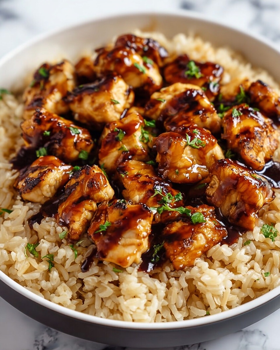 A black bowl filled with a base layer of light brown cooked rice with a slightly fluffy texture, topped with bite-sized pieces of golden brown glazed chicken that have a shiny, dark caramelized sauce coating them unevenly. The chicken pieces are scattered close together, sprinkled with small green herb leaves, and the surface beneath resembles a white marbled texture. photo taken with an iphone --ar 4:5 --v 7
