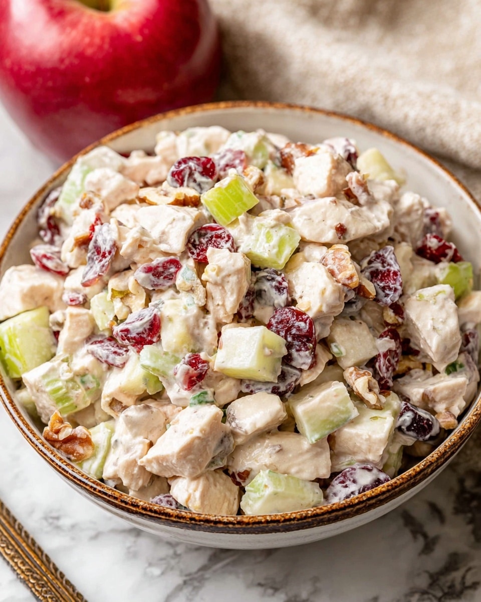 A bowl filled with a creamy salad made of small, cubed pieces of light beige chicken mixed with light green celery bits, white apple chunks, bright red dried cranberries, and small pieces of brown nuts spread evenly throughout. The salad's thick, creamy dressing coats every ingredient giving a slightly glossy look. The bowl is white with a thin brown rim and sits on a white marbled surface. In the background, there are some red apples and a beige cloth. photo taken with an iphone --ar 4:5 --v 7