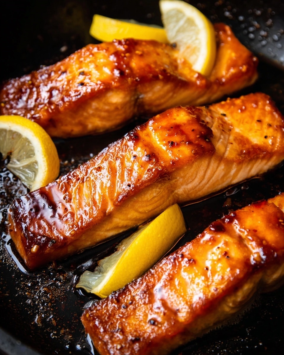 The image shows four pieces of cooked salmon fillets laid close together in a pan, each piece having a glossy, caramelized surface with a rich golden brown color and light charring, giving a slightly crisp texture. The thick salmon layers display a bright orange-pink hue beneath the glaze, while tiny black pepper specks are visible on the top. Two lemon wedges with vibrant yellow rind and juicy pale yellow flesh are placed between the salmon pieces, adding a fresh contrast. The background is a black pan with a shiny, oily surface reflecting light. Photo taken with an iphone --ar 4:5 --v 7