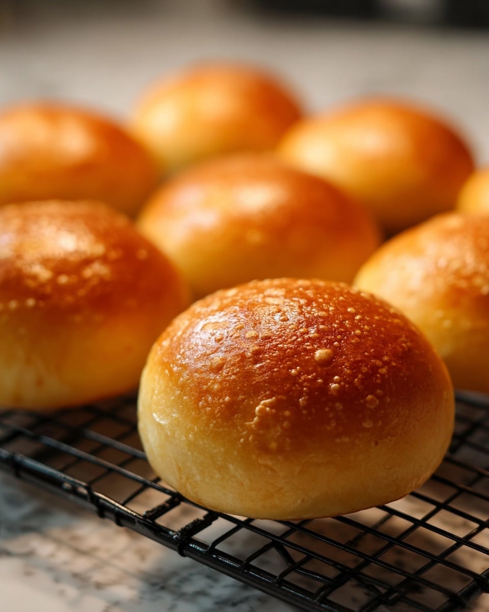Many small round bread rolls with a shiny, golden brown top and a slightly bumpy texture are cooling on a black wire rack. The rolls have a soft-looking light yellow base and a small uneven shape. The background is softly blurred with warm light, making the rolls look fresh from the oven. The surface under the rack is a white marbled texture. photo taken with an iphone --ar 4:5 --v 7