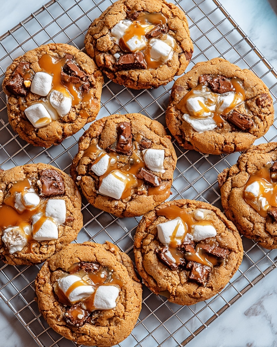 The image shows seven warm, round cookies with a slightly cracked surface, laid out on a metal cooling rack. Each cookie has a golden-brown color with a soft and chewy texture. On top, there are layers of dark chocolate chunks, white melted marshmallows, and smooth, glossy milk chocolate drizzled in stripes across the cookies. The cookies sit on a white marbled textured background with a soft blue tint beneath the rack. photo taken with an iphone --ar 4:5 --v 7