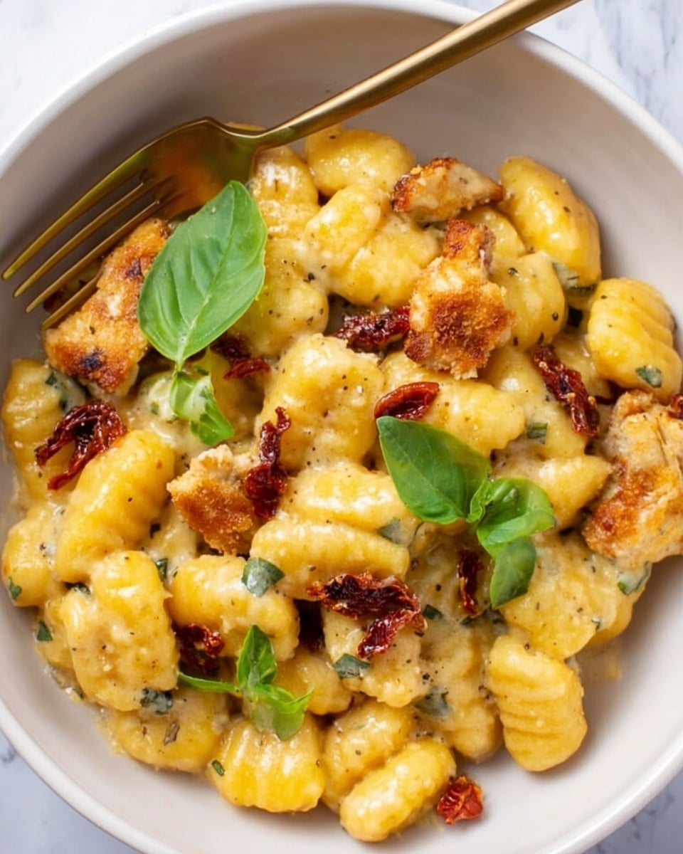 A close-up view of a white bowl filled with a creamy yellow gnocchi dish, showing about two layers of soft, plump gnocchi and golden-brown grilled chicken pieces mixed evenly. The gnocchi look smooth and tender, coated in a thick, glossy yellow sauce. Small sun-dried tomato bits and fresh green basil leaves are scattered on top, adding color contrast. A bronze fork rests inside the bowl on the left side, partially inserted into the food. The bowl sits on a white marbled surface. Photo taken with an iphone --ar 4:5 --v 7