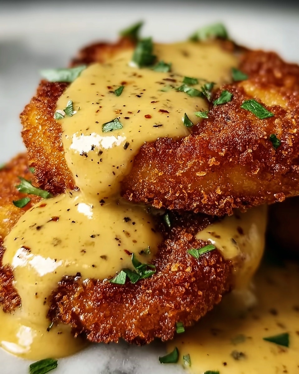 The image shows a close-up of two golden-brown crispy fried food pieces stacked on top of each other on a white marbled surface. Each piece has a crunchy texture with a deep, rich brown color and is generously covered with a creamy mustard-yellow sauce speckled with black pepper. Small green herb leaves are sprinkled over the sauce, adding a fresh green contrast to the warm colors. The sauce drips down the sides of the food, giving a glossy, smooth look. photo taken with an iphone --ar 4:5 --v 7