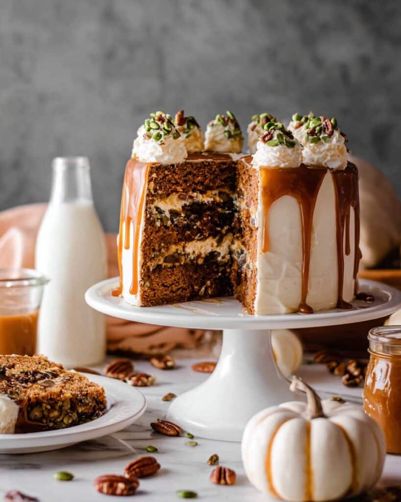 Ultimate Pumpkin Cake with Salted Caramel & Candied Pecans Recipe