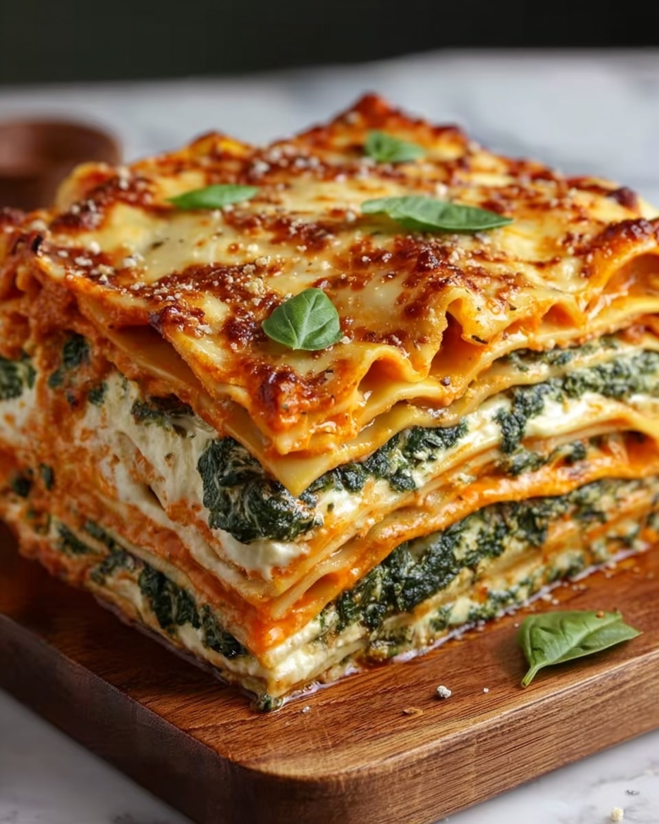 A tall, square piece of lasagna with many visible layers sits on a wooden board that rests on a white marbled surface. The bottom layers show creamy white cheese with green spinach mixed in, followed by bright orange pasta sheets, alternating several times. The top layer is golden melted cheese with a slightly crispy texture and small green basil leaves as garnish. The edges of the lasagna are clean and slightly browned, showing a rich, hearty dish. photo taken with an iphone --ar 4:5 --v 7