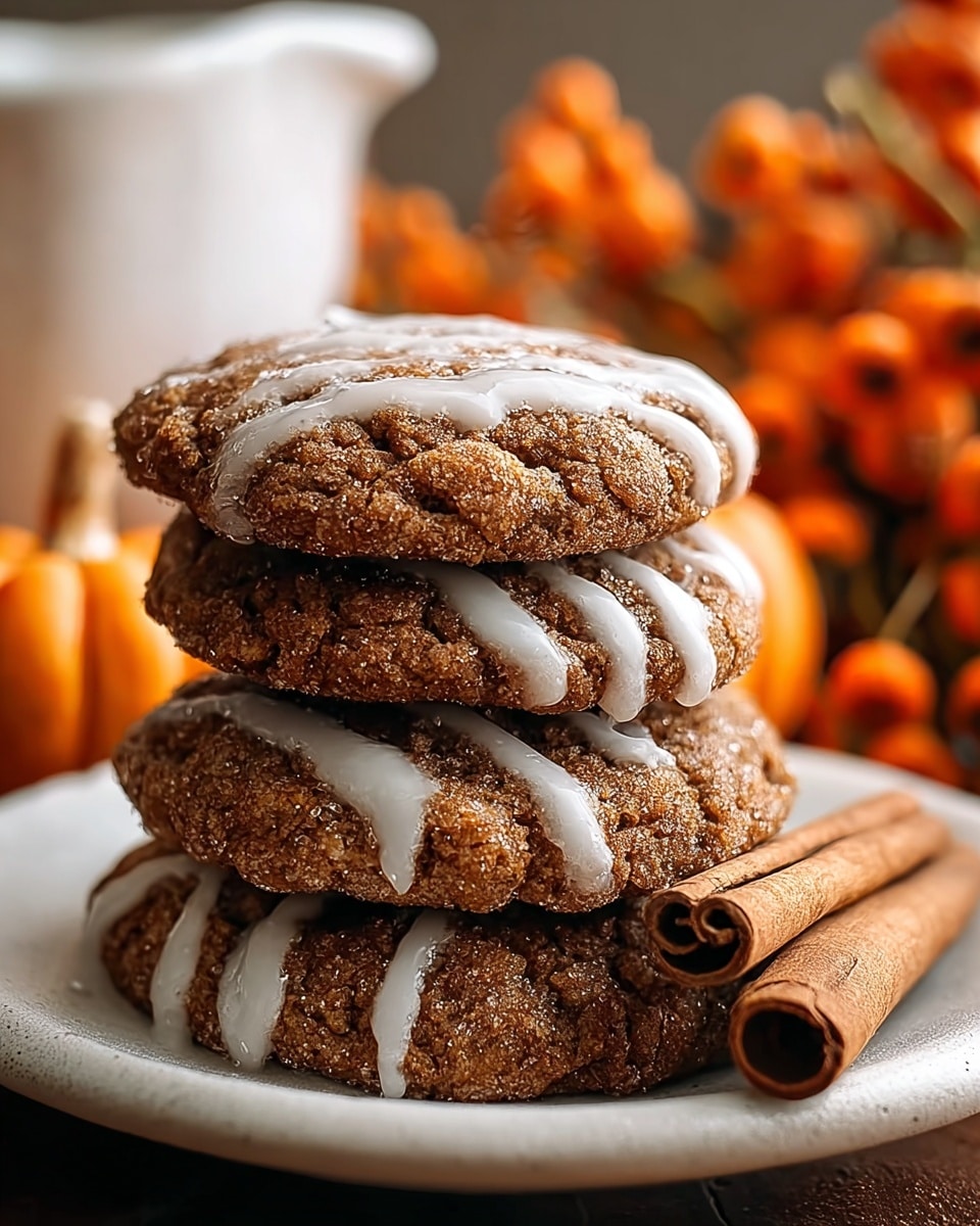 A stack of four brown cookies with a rough, cracked texture sits on a white plate. Each cookie is drizzled with a shiny, white icing that flows down the sides in thin lines. To the right of the cookies, two cinnamon sticks lie on the plate. The background shows warm orange berries and orange pumpkins blurred softly, all placed on a white marbled texture. photo taken with an iphone --ar 4:5 --v 7