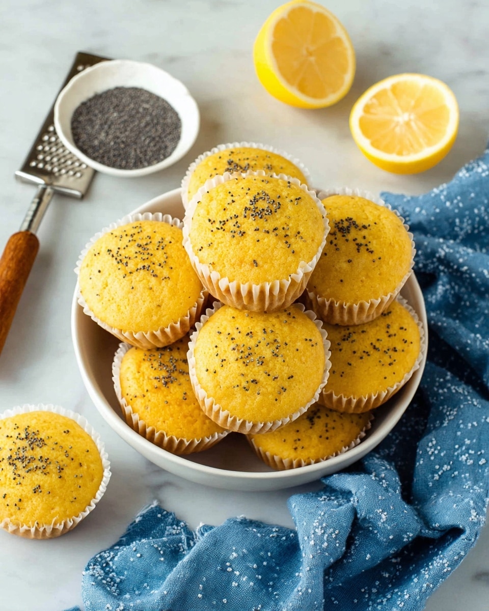 A bowl filled with about ten round lemon poppy seed muffins, each muffin topped with small black poppy seeds. The muffins have a warm yellow color and are in white paper liners. Around the white bowl, there is a halved lemon, a whole lemon, a white dish with black poppy seeds, a silver grater with a wooden handle, and a crumpled blue cloth with white spots, all placed on a white marbled surface. photo taken with an iphone --ar 4:5 --v 7