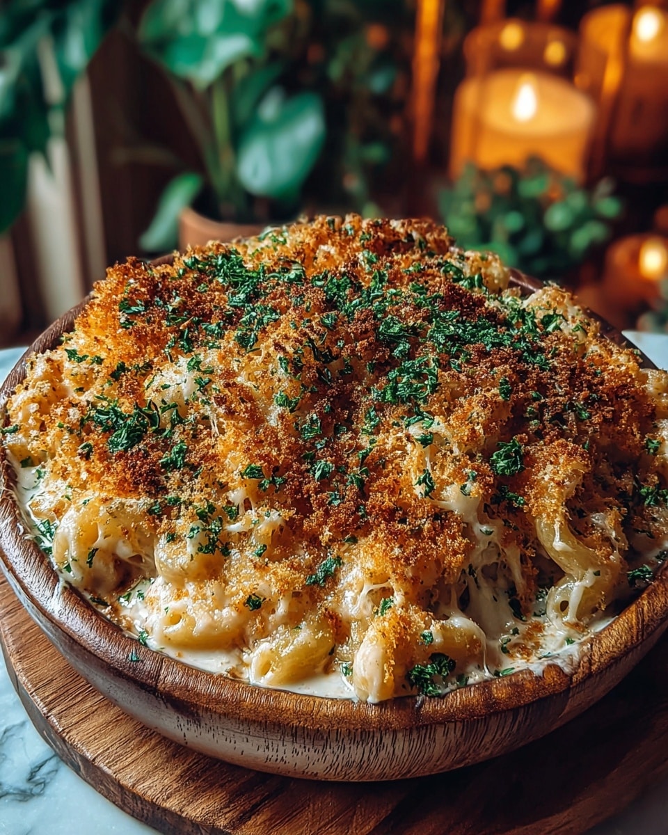 A close-up view of a round wooden bowl filled with creamy macaroni and cheese. The dish has a single layer of small pasta shells covered in smooth white cheese sauce, topped with a golden-brown crunchy layer of toasted breadcrumbs. Scattered green herbs add color and freshness on top. The bowl sits on a white marbled surface with a soft, warm light and blurred plants and candles in the background creating a cozy setting. Photo taken with an iphone --ar 4:5 --v 7