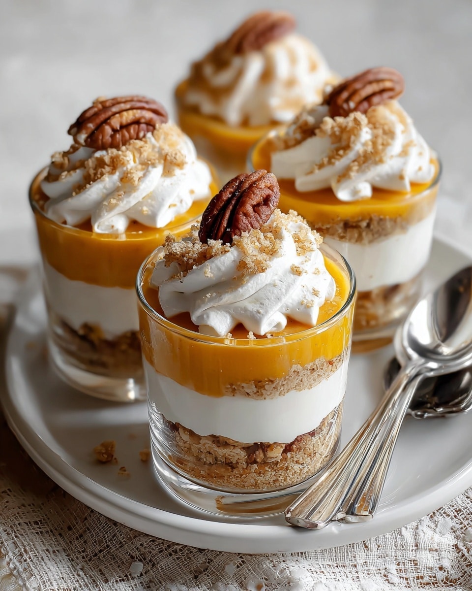 Four small dessert glasses sit on a white plate with a white marbled texture under them. Each glass shows three clear layers: at the bottom is a crumbly brown crust, the middle layer is creamy white, and the top is a smooth yellow-orange layer. On top of each glass, there is a large swirl of white whipped cream covered lightly with brown crumbs and topped with one whole pecan. The close-up view makes the textures of the whipped cream and pecan very clear. Photo taken with an iphone --ar 4:5 --v 7
