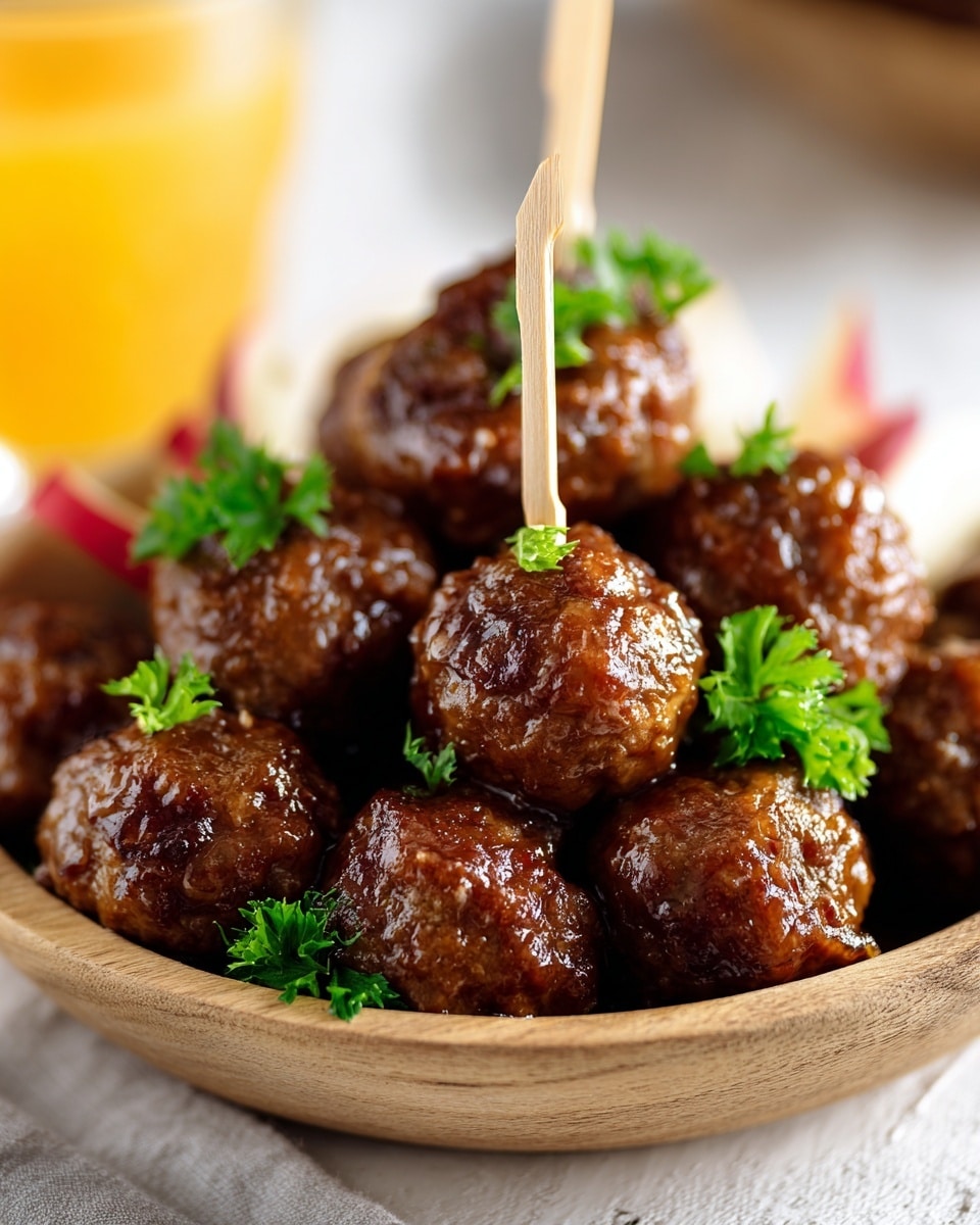 A wooden bowl filled with shiny, brown glazed meatballs stacked in layers, some pierced with small wooden picks. The meatballs have a glossy, smooth texture from the sauce and are garnished with small sprigs of fresh green parsley scattered on top. Pieces of sliced apple with red skin are placed around the meatballs inside the bowl. The background is a soft white marbled texture, and there is a blurred orange drink in the back. photo taken with an iphone --ar 4:5 --v 7