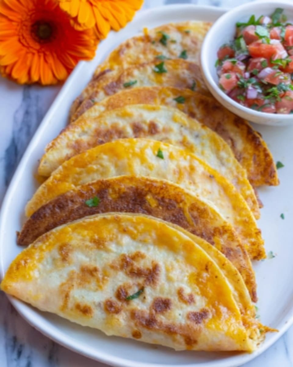 The image shows a close-up of six golden-brown quesadillas arranged in a slightly overlapping row on a white plate. Each quesadilla has a crispy, browned outer tortilla with some slightly darker toasted spots, and melted cheese filling visible at the edges. The texture of the tortilla looks soft yet crunchy, with some bubbling from the melted cheese inside. On the side of the plate, there is a small white bowl holding a colorful salsa made of red tomatoes, green peppers, and onions with a marigold flower garnish. The background is a white marbled surface, creating a clean and bright setting. photo taken with an iphone --ar 4:5 --v 7