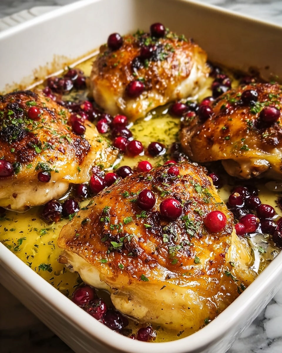 The image shows four cooked chicken thighs with golden brown, crispy skin placed in a white rectangular baking dish. The chicken sits in a shallow layer of light yellow sauce or oil. The thighs are garnished with small dark red berries scattered on top and around the chicken, adding a pop of bright color. Finely chopped green herbs are evenly sprinkled on the chicken, providing a fresh contrast. The background surface is a white marbled texture. photo taken with an iphone --ar 4:5 --v 7