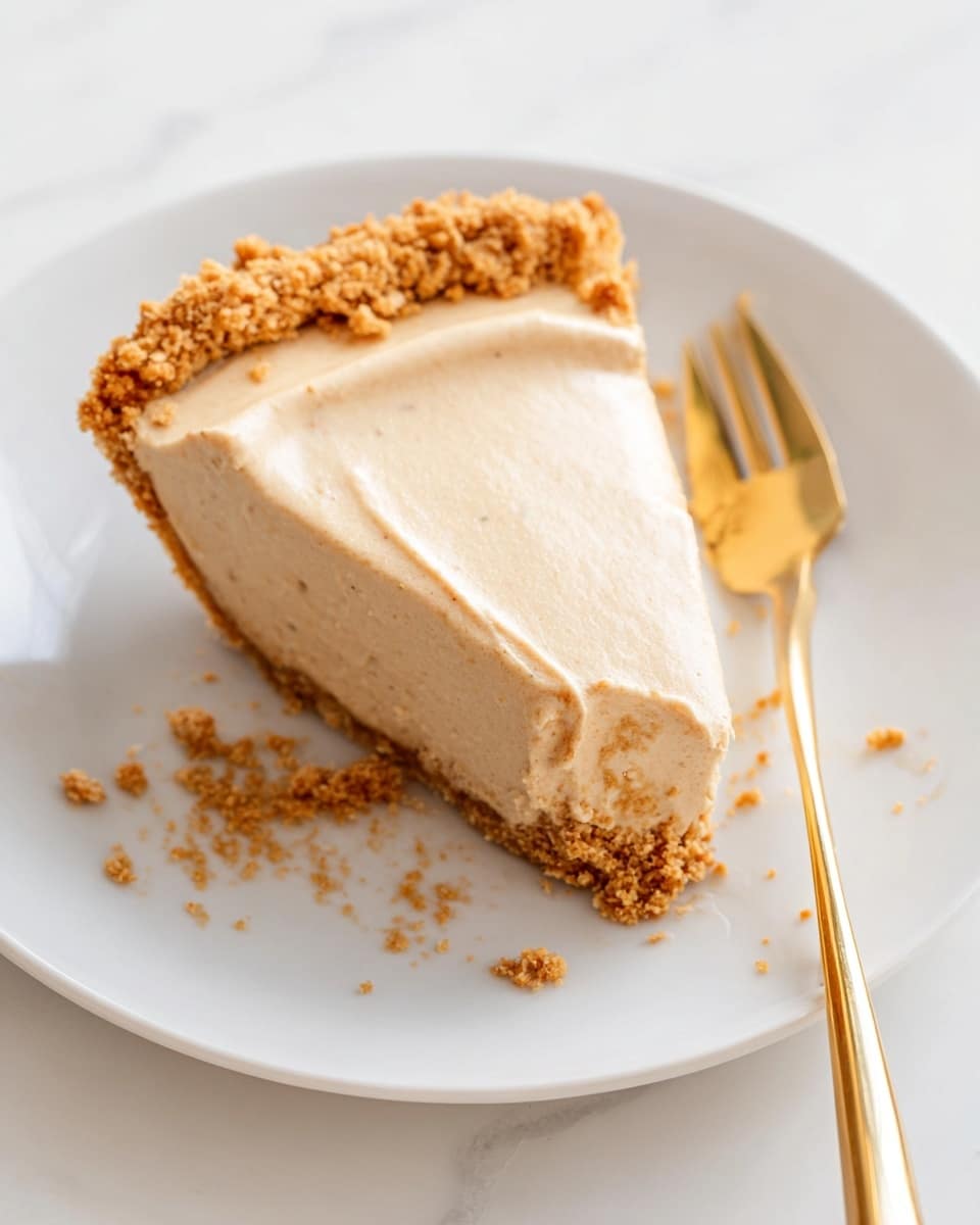 A slice of pie is shown on a white plate with a golden fork beside it. The pie has two main layers: a crumbly golden brown crust at the bottom and a smooth light beige filling on top. The filling appears creamy and thick with a slightly shiny surface. Some crumbs from the crust are scattered on the top edge of the filling and on the plate near the pie. The background is a white marbled texture. photo taken with an iphone --ar 4:5 --v 7