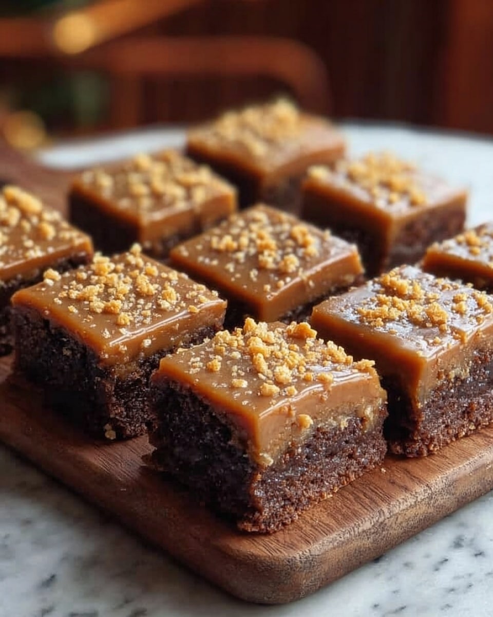 The image shows eight square pieces of cake arranged in two rows on a wooden board. Each piece has a dark brown, moist base layer with a rough texture. On top, there is a smooth, light brown caramel-like layer evenly spread over the cake base. The top is lightly sprinkled with small golden crunchy bits, adding texture and contrast. The wooden board is on a white marbled surface with a blurred warm background. photo taken with an iphone --ar 4:5 --v 7