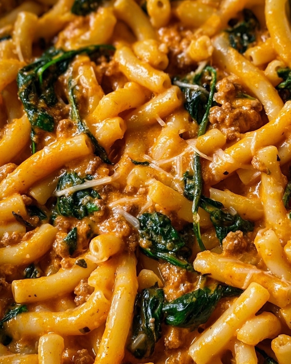 The image shows a close-up view of cooked pasta in a rich orange sauce, with scattered wilted dark green spinach leaves mixed throughout. The pasta strands are thick and coated heavily with the creamy sauce that has a slightly chunky texture, with hints of melted cheese stretching between the noodles. The overall look is warm and inviting with the contrast between the orange sauce and green leaves clearly visible. The dish appears to have a hearty, comforting texture with the pasta and sauce evenly blended. Photo taken with an iphone --ar 4:5 --v 7