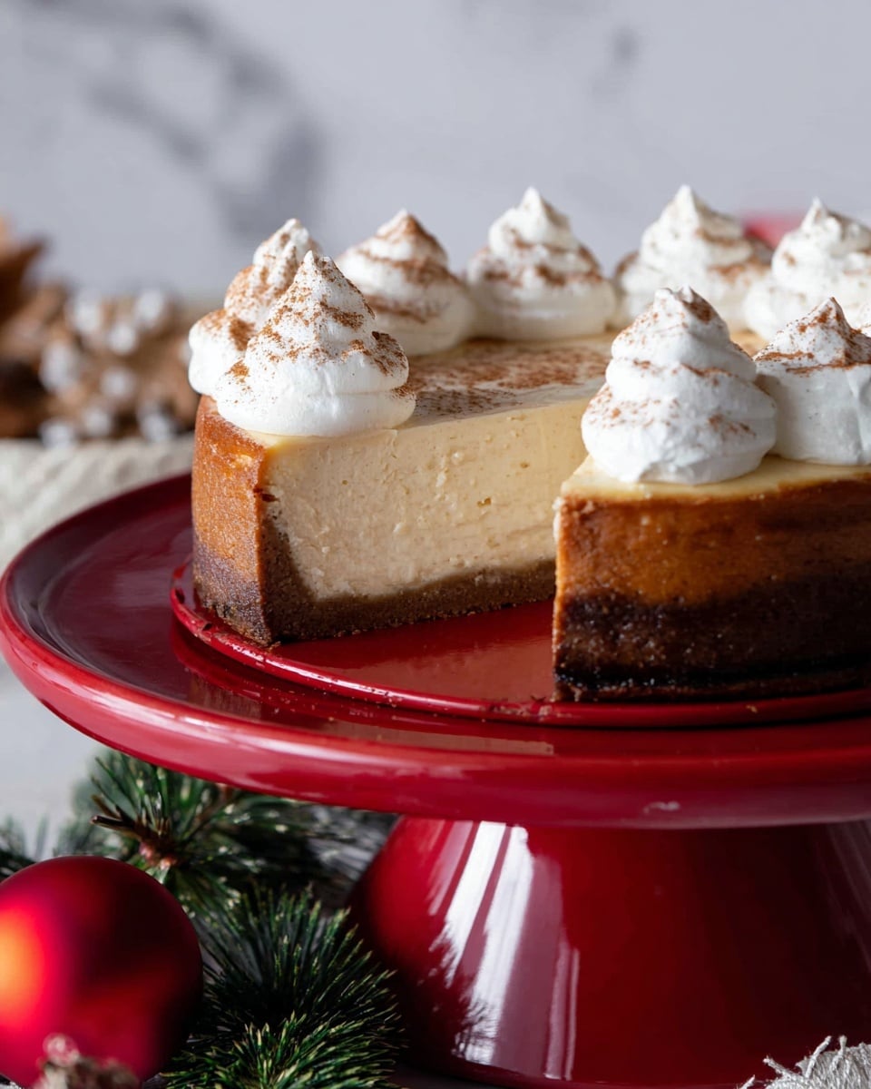 A cheesecake with three clear layers stands on a glossy red cake stand; the bottom layer is a dark brown crust, the middle layer is a creamy beige cheesecake filling with a smooth texture, and the top layer is made of white whipped cream dollops decorated with a light dusting of brown spice, possibly cinnamon or nutmeg. The cheesecake has a slice cut out clearly showing the layers, and it sits on a white marbled surface with green pine needles and a shiny red Christmas ornament nearby, evoking a festive mood. Photo taken with an iphone --ar 4:5 --v 7