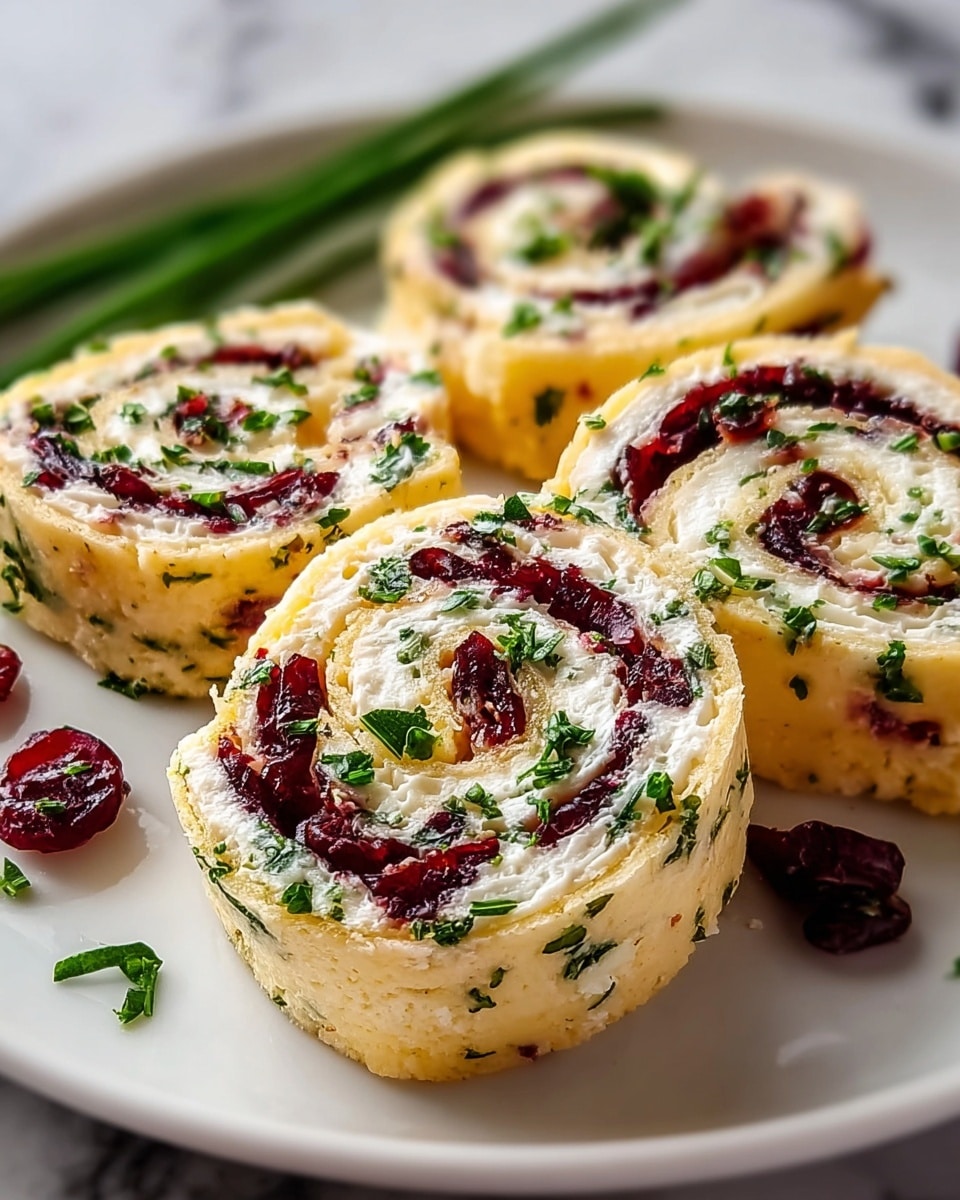 The image shows four swirl pinwheel appetizers on a white plate, each with about three visible layers. The outermost layer is a soft, light yellow wrap speckled with green herbs. Inside, a creamy white layer is spread evenly. Swirled through the middle is a dark red layer, likely made of dried cranberries or a similar fruit, adding a vibrant color contrast. Small bits of green herbs are scattered throughout the pinwheels and nearby on the plate as garnish. The plate is set on a white marbled surface. photo taken with an iphone --ar 4:5 --v 7