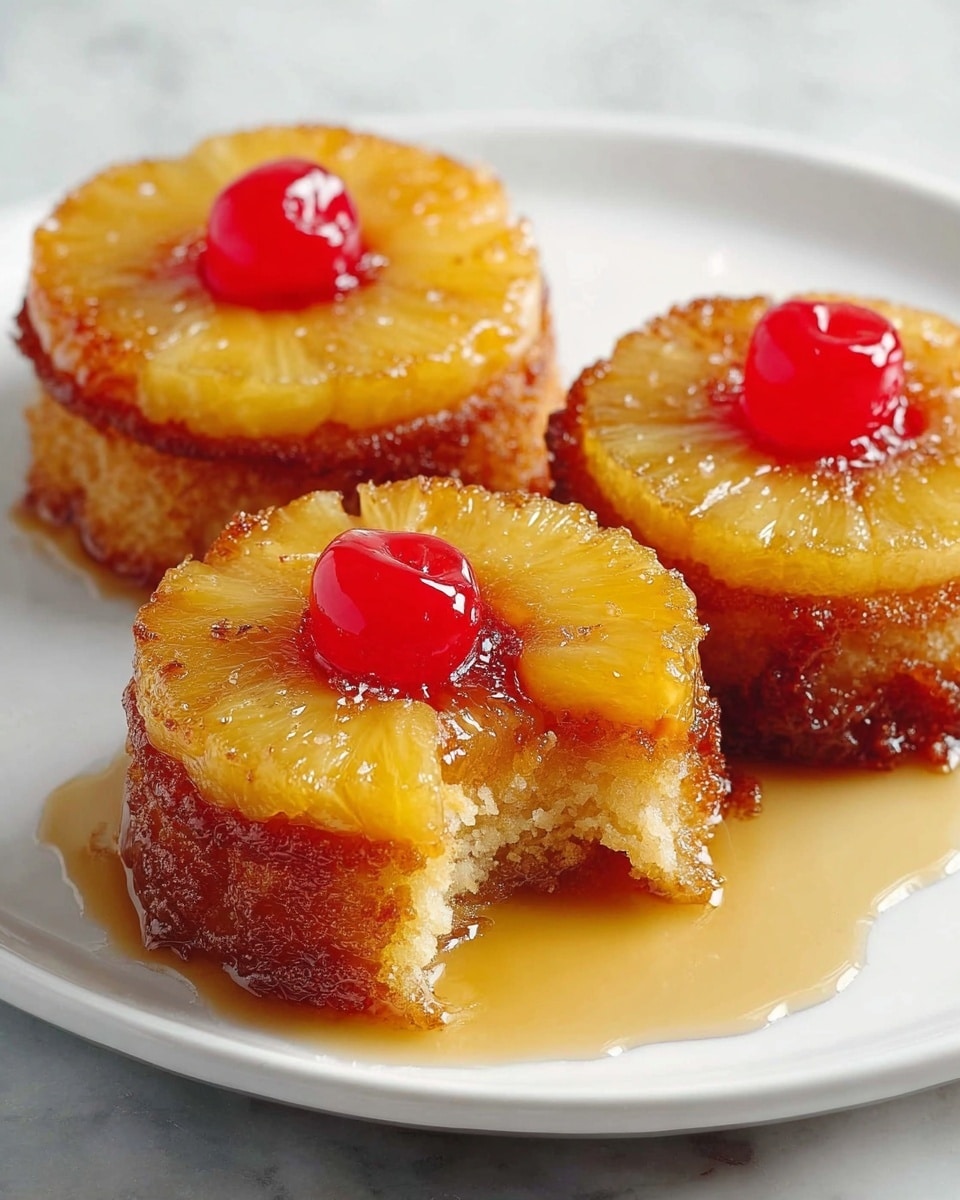 Three small pineapple upside-down cakes are shown on a white plate with a white marbled background. Each cake has two visible layers: a golden brown, moist base with a slightly crumbly texture topped with a shiny yellow pineapple ring. In the center of each pineapple ring sits a bright red glazed cherry. One cake in the front has a bite taken out of its base, showing the soft inside clearly. A light golden syrup is drizzled around and on the cakes, adding a glossy shine that pools slightly on the plate. photo taken with an iphone --ar 4:5 --v 7