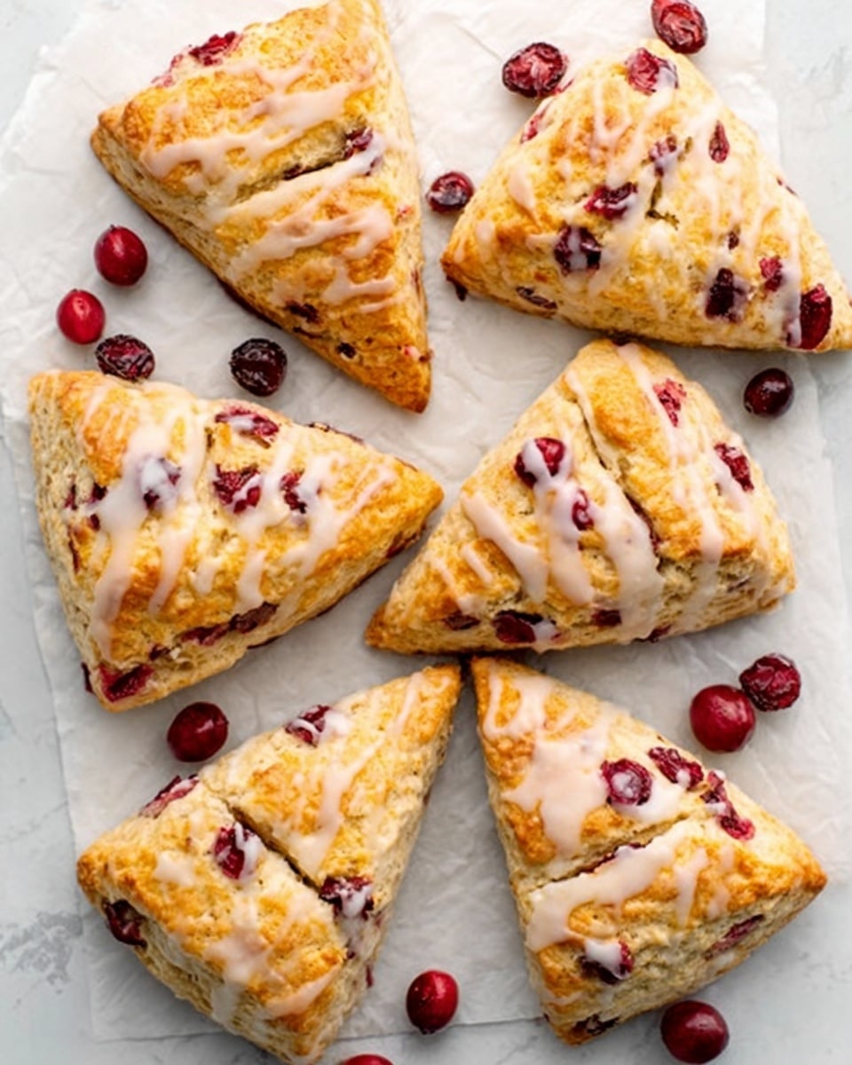 Six triangular scones are placed on white parchment paper on a white marbled surface. Each scone has a golden brown top with visible cuts creating a crisscross pattern. Bright red cranberries are baked inside the scones, with some berries partly exposed on the surface. A light glaze with thin drips of white icing covers the tops. The scones have a flaky and slightly crumbly texture. photo taken with an iphone --ar 4:5 --v 7