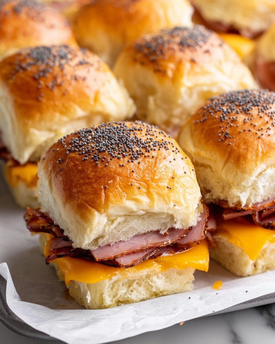 The image shows a close-up of a group of small sandwich sliders arranged closely together on white parchment paper over a white marbled surface. Each slider has a soft, golden brown top bun sprinkled evenly with black poppy seeds. Inside, there are visible layers of folded, browned slices of ham and a melted, bright orange layer of cheddar cheese at the bottom. The buns appear fluffy with a slightly shiny texture, and the meat has a cooked, slightly crispy edge. The photo taken with an iphone --ar 4:5 --v 7
