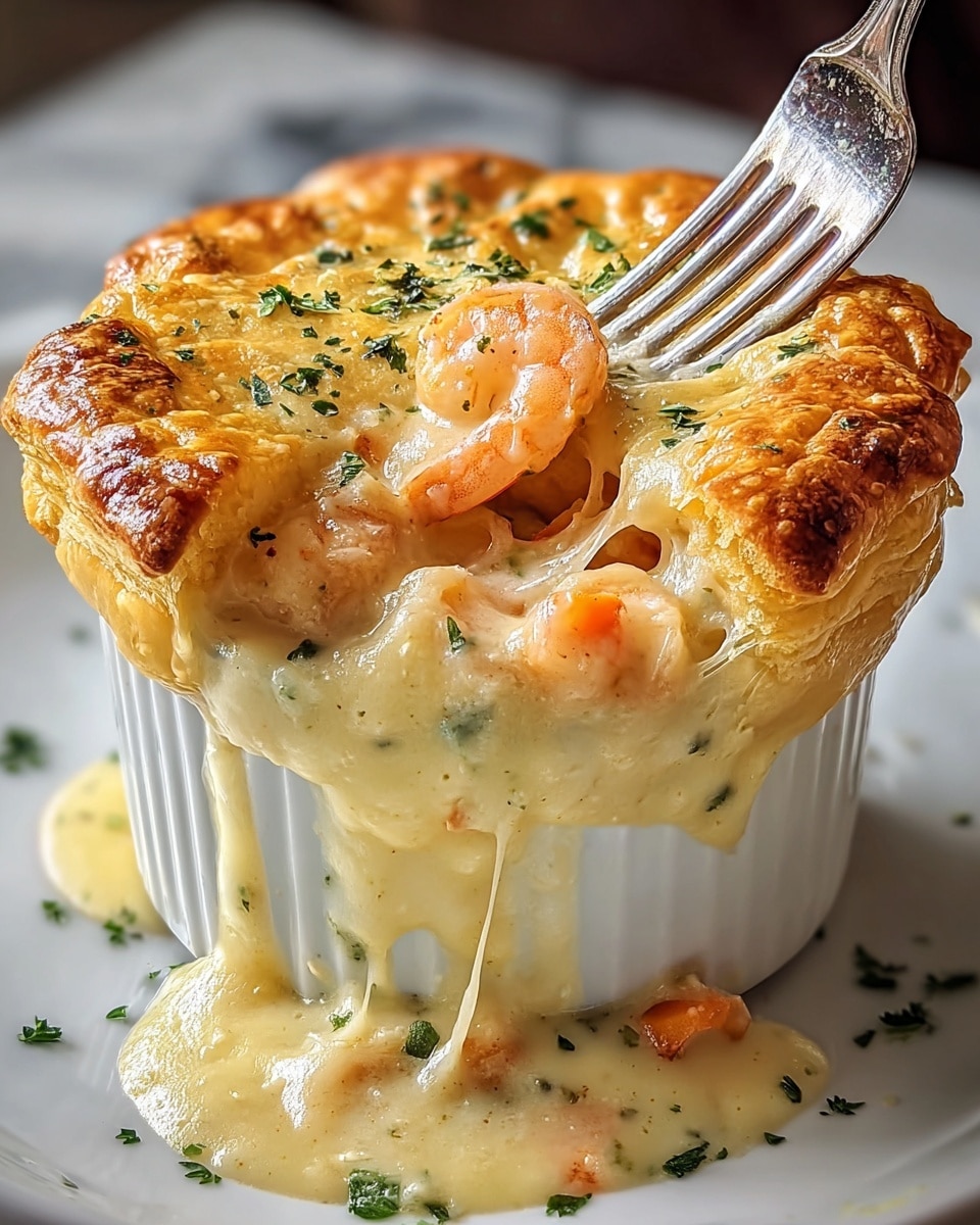 A white ramekin filled with creamy, light beige shrimp chowder, overflowing with tender orange shrimp and thick cheese sauce that drips down the side and onto a white plate beneath. The top layer is a golden-brown flaky pastry crust, puffed up with a rough, textured surface and sprinkled with small green herb bits. A fork sinks into the crust from the top right, breaking the crust and allowing the cheesy shrimp filling to ooze out. The dish sits on a white marbled surface with scattered green herbs around it. photo taken with an iphone --ar 4:5 --v 7