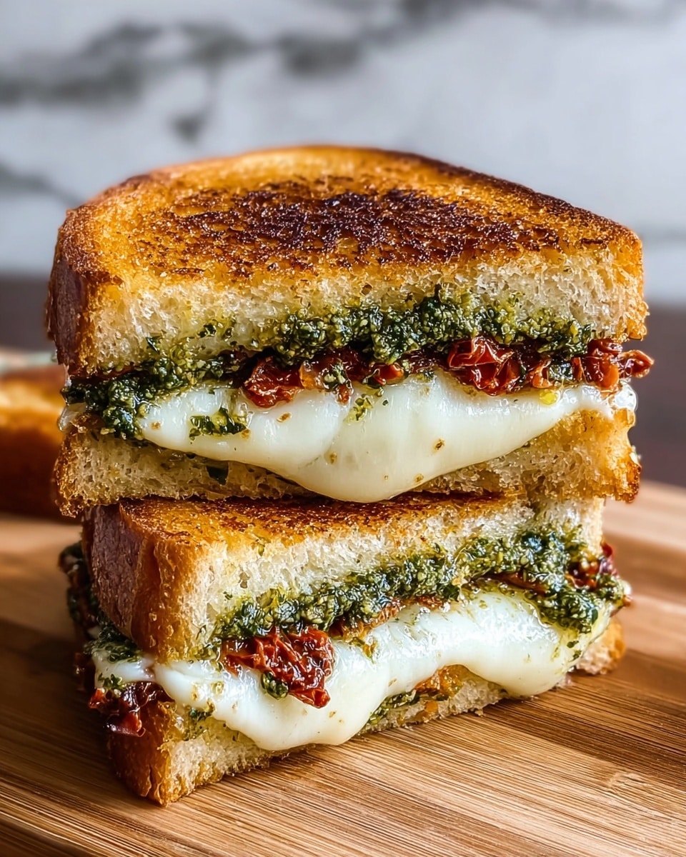 A close-up image of a grilled sandwich cut in half and stacked, showcasing two slices of golden-brown toasted bread with a crispy texture. Inside, there are two main filling layers: a melted white cheese layer that looks soft and gooey, and a green pesto sauce mixed with small reddish chunks, possibly sun-dried tomatoes, spread evenly above and below the cheese. The sandwich is placed on a wooden surface, and the background is softly blurred with a white marbled texture. photo taken with an iphone --ar 4:5 --v 7