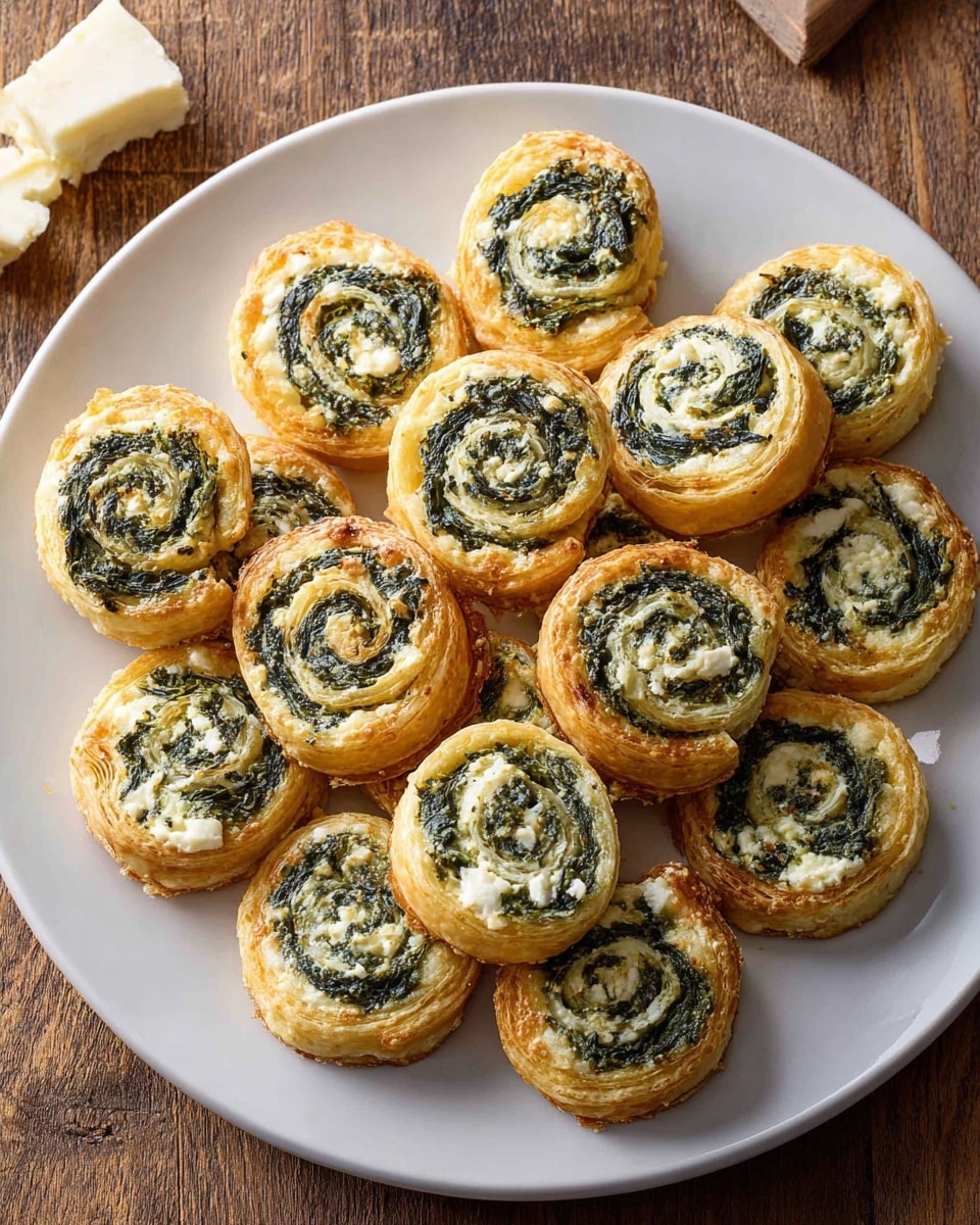A white plate filled with about seventeen round, golden-brown pinwheel pastries arranged randomly, each showing three distinct layers: an outer flaky, light golden crust; a middle layer of dark green spinach filling; and an inner creamy white cheese center. The pinwheels are tightly rolled with the layers spiraled clearly visible from the top, creating a contrast of golden, green, and white colors. The plate is placed on a wooden surface with a small piece of white cheese nearby. Photo taken with an iphone --ar 4:5 --v 7