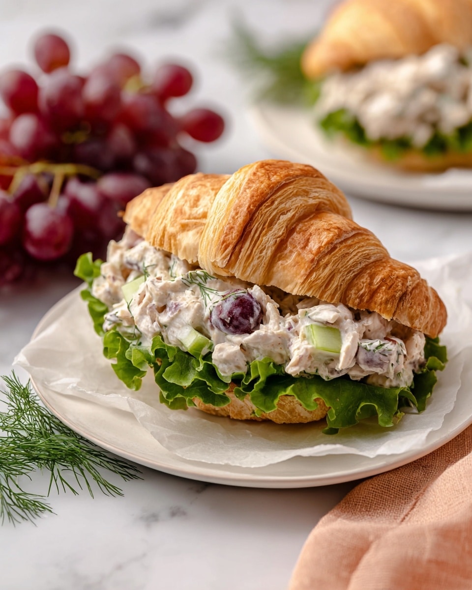 A flaky, golden-brown croissant sandwich is split open and filled with a creamy chicken salad mixed with purple grape slices and light green celery pieces, resting on a fresh, dark green leafy lettuce base. The sandwich sits on white parchment paper atop a white plate, placed on a white marbled surface. In the background, there is a small cluster of deep red grapes on the left and another croissant sandwich slightly out of focus. A sprig of fresh dill and a soft peach-colored cloth are also visible near the plate. Photo taken with an iphone --ar 4:5 --v 7