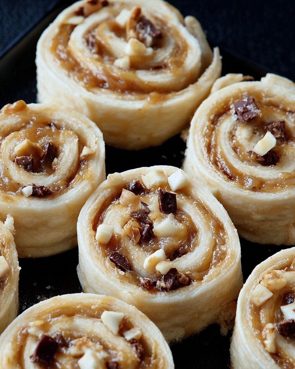 The image shows several rolled pastries arranged closely together on a black surface. Each roll has thin, light beige layers of dough spiraled tightly around a golden glossy swirl of caramel or syrup, with visible chunks of dark brown chocolate and small white bits that might be nuts or white chocolate. The dough looks soft and slightly fluffy, while the caramel layer glistens with a sticky texture. The spirals are uneven but neatly formed, showcasing the creamy filling inside the rolls. photo taken with an iphone --ar 4:5 --v 7