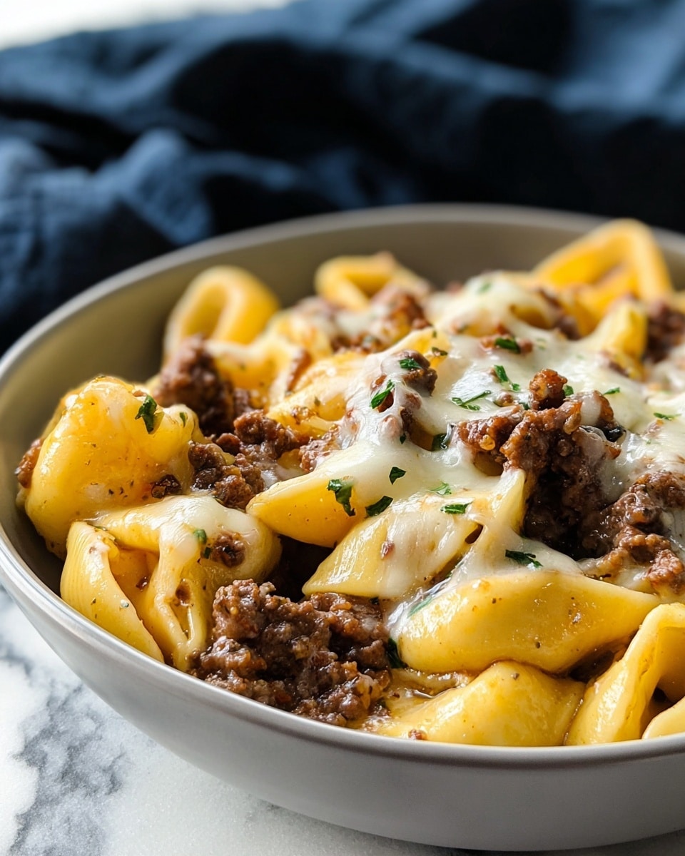 A white round plate filled with two main layers: a bottom layer of golden-yellow tortellini pasta with a smooth, slightly shiny texture and hollow centers, and a top layer of medium brown, tender beef strips with a soft matte surface, all mixed together evenly. Scattered small green parsley leaves add a fresh touch, resting lightly on both pasta and beef. The plate sits on a white marbled surface, giving a clean and simple background. photo taken with an iphone --ar 4:5 --v 7