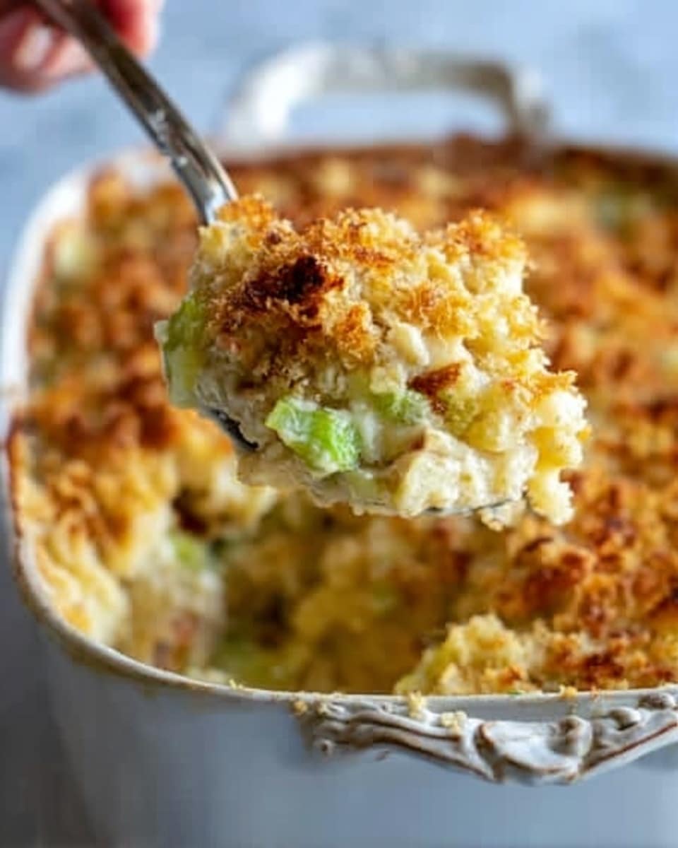 The image shows a close-up of a spoon lifting a serving from a baked dish in a white casserole. The dish has three visible layers: the top layer is golden-brown and crispy, made of baked breadcrumbs or cheese, with a crunchy texture. The middle layer is creamy and pale yellow, mixed with small green pieces of vegetables. The bottom layer, slightly visible, appears soft and thick, blending with the creamy middle. The white casserole sits on a white marbled surface, and a woman's hand holds the spoon from the right side of the frame. The lighting is natural, highlighting the textures and colors of the dish. photo taken with an iphone --ar 4:5 --v 7