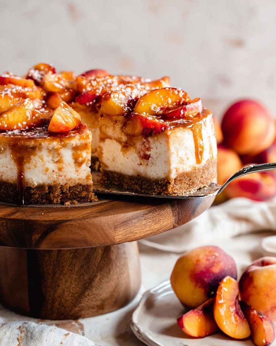 A close-up view of a thick slice of peach cheesecake on a wooden cake stand with a crumbly brown crust base, a thick creamy white cheesecake middle layer, and a top layer arranged with glossy orange and red peach slices, lightly sprinkled with white crumbs and drizzled with caramel sauce. The background shows a white marbled texture table with ripe peaches scattered around and a white plate holding peaches in the foreground. A silver cake server is lifting one slice, slightly visible on the right side. Photo taken with an iphone --ar 4:5 --v 7