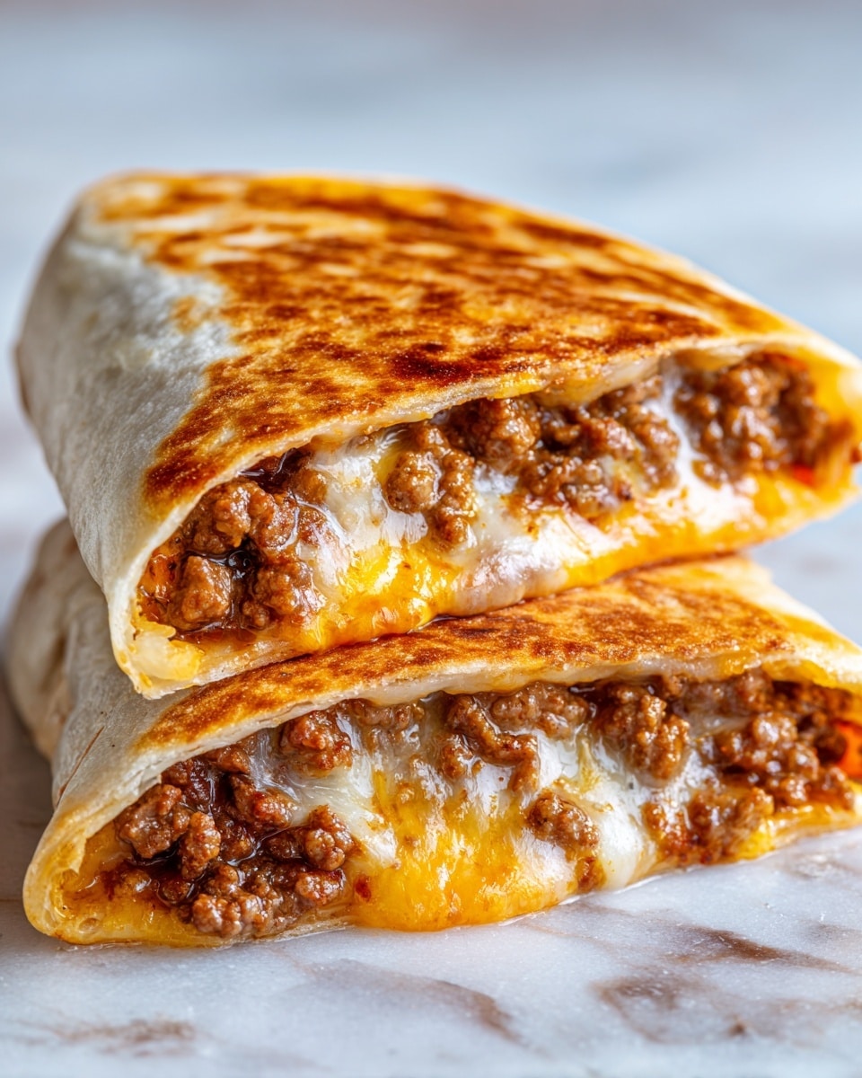 The image shows a close-up of a burrito cut in half, stacked one on top of the other on a white marbled surface. The outer layer is a lightly browned, slightly crispy tortilla with a golden, toasted texture. Inside, there are two visible layers: the bottom layer consists of cooked ground beef with a rich brown color and a slightly juicy texture, and the top layer is melted cheese with a mix of white and orange tones that appear gooey and stretchy, blending with the beef. The melted cheese seeps a little, adding a shiny look to the filling. Photo taken with an iphone --ar 4:5 --v 7