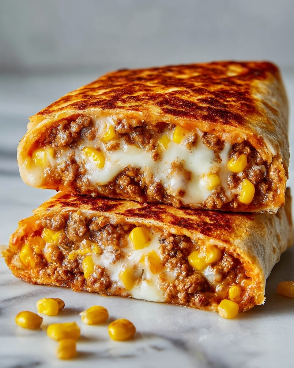 The image shows two stacked burritos with a crispy golden-brown toasted tortilla on the outside. The inside layers are clearly visible, filled with melted white cheese, yellow corn kernels, and brown seasoned ground beef mixed with beans. Some corn kernels are scattered near the bottom on the white marbled surface. The texture of the filling looks soft and gooey, contrasting with the crunchy outer tortilla. Photo taken with an iphone --ar 4:5 --v 7