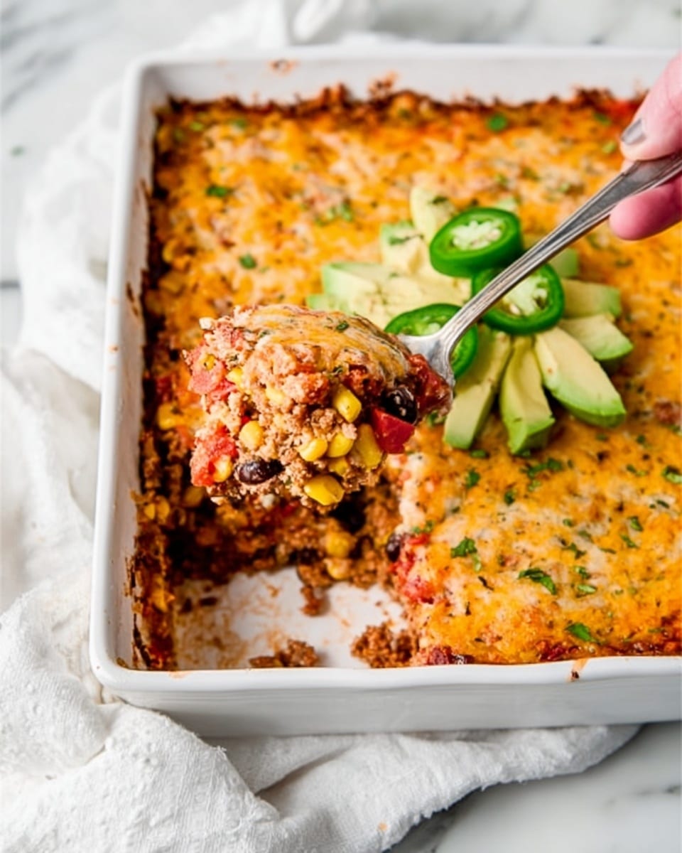 A white rectangular baking dish filled with a cheesy layered casserole with a golden brown cheese crust on top. The top layer is melted cheese with a slightly crispy texture and some specks of herbs. Underneath, you can see a mix of beans, corn, and diced tomatoes, adding red, yellow, and black colors with a soft, chunky texture. A spoon is scooping a portion from the dish, and near the scoop are slices of fresh green jalapeño and light green avocado pieces placed on top. The dish is set on a white marbled surface with a white cloth nearby and a woman's hand holding the spoon. Photo taken with an iphone --ar 4:5 --v 7