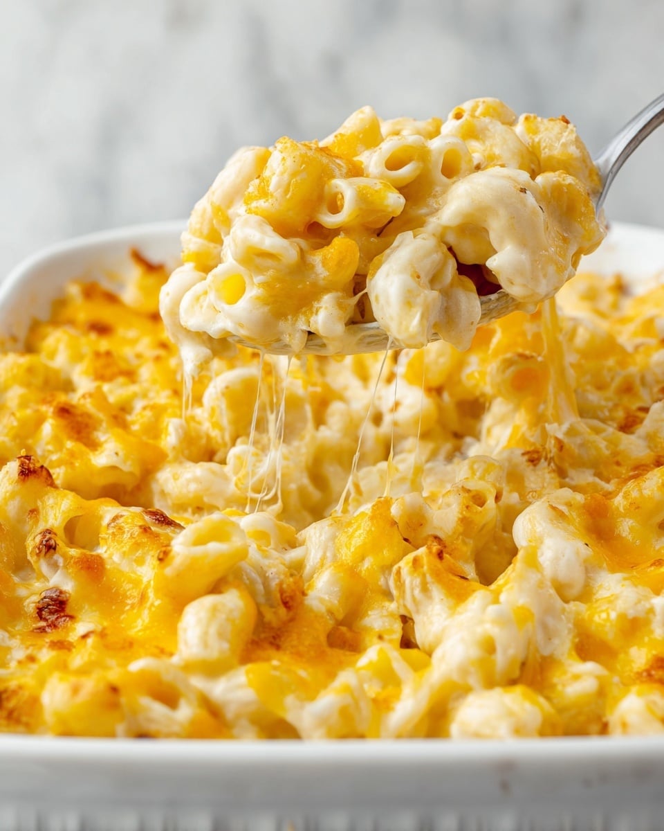 The image shows a close-up of creamy macaroni and cheese in a white ceramic dish. The dish is filled with small curved pasta mixed with melted yellow and white cheese, creating a soft, gooey texture. A spoon is lifting a portion of the mac and cheese, showing the thick sauce coating every piece of pasta. The cheese is visibly melted and stringy, with some darker golden spots where it has baked. The background is a white marbled texture. photo taken with an iphone --ar 4:5 --v 7