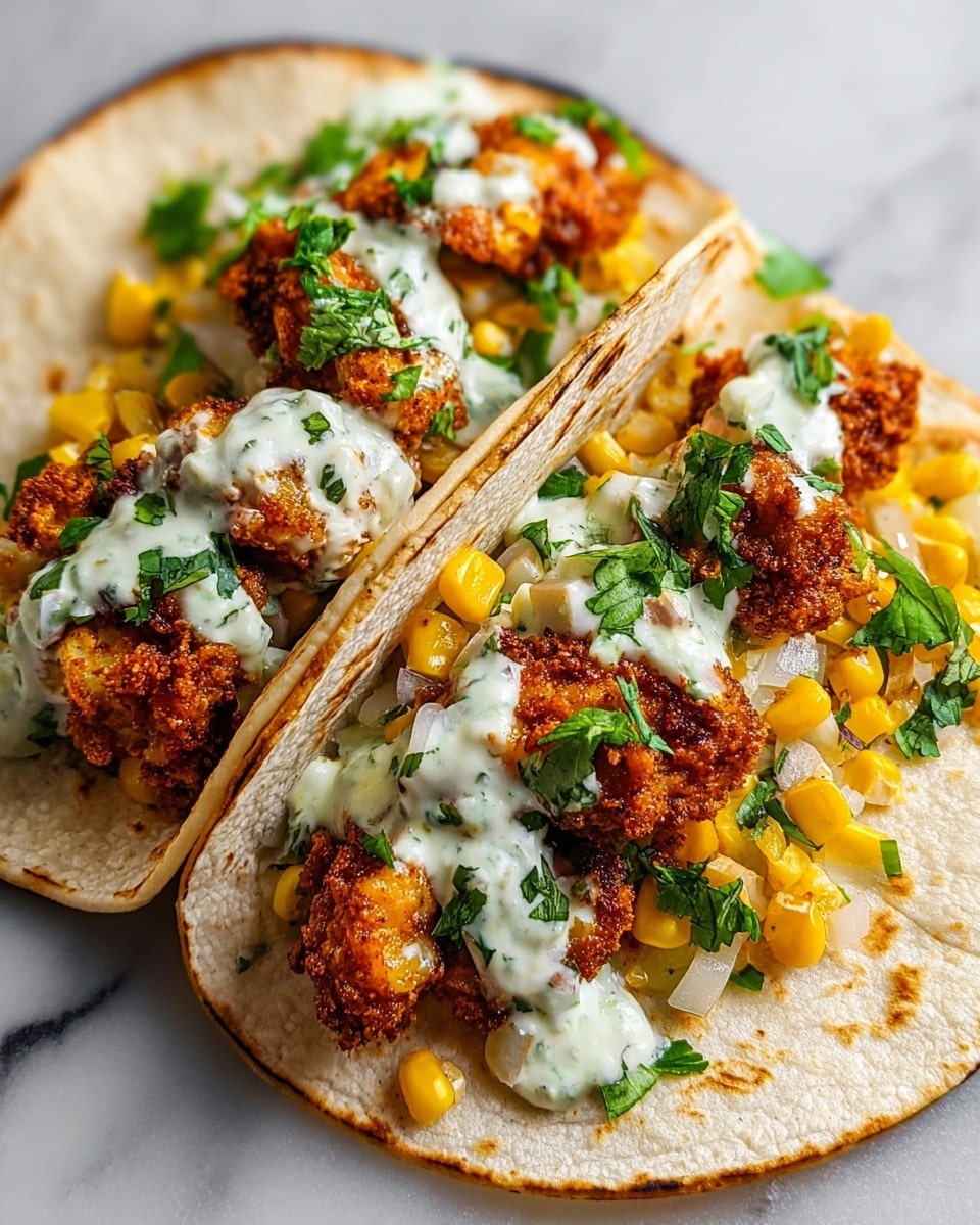 Two soft, white corn tortillas lay side by side on a white marbled surface, each filled with several layers. The bottom layer is a mix of yellow corn kernels and finely chopped white onions, topped with bright green chopped cilantro. Over this sits a generous portion of crispy, golden-brown fried chicken pieces with a crunchy texture. A creamy, white sauce with green herbs is drizzled over the top, adding a fresh contrast to the warm tones below. Photo taken with an iphone --ar 4:5 --v 7