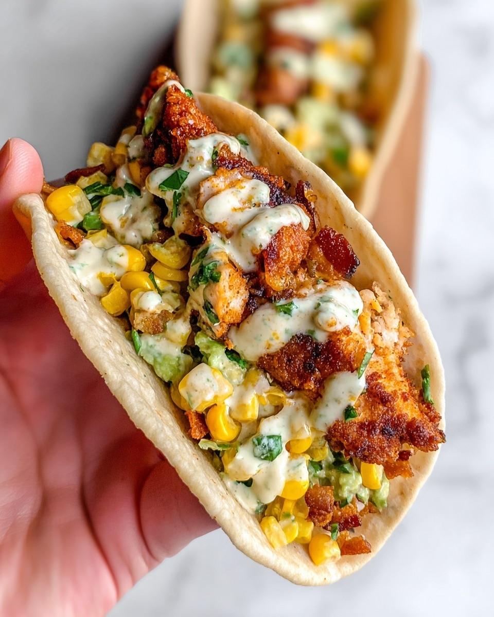 A close-up image of a taco held by a woman's hand, showing three main layers: a soft, light beige tortilla shell forming the base and sides, a middle layer of bright yellow corn mixed with green herbs and topped with crispy, dark golden brown bacon bits, and the top layer consisting of a reddish-brown crunchy fried piece of chicken coated with a creamy, white sauce that has green flecks of herbs. In the background, there is a second taco slightly out of focus. The whole image is set against a white marbled texture. photo taken with an iphone --ar 4:5 --v 7