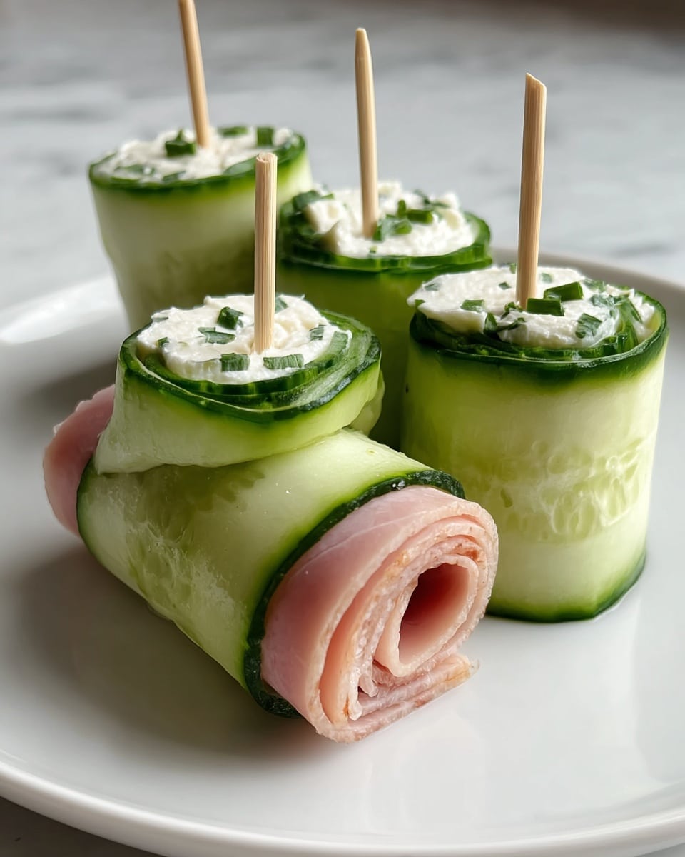 Three cucumber rolls lie side by side on a large white plate over a white marbled surface. Each roll is made of a thin, translucent green cucumber slice wrapped around a soft white layer of cream cheese mixed with small green herbs, and inside that is a single pink ham slice rolled tightly in the center. Small wooden toothpicks hold each roll together, standing upright in the middle. The cucumber rolls rest slightly on short cucumber sticks placed underneath to keep them stable. The light softens the fresh textures of the cucumber and creamy cheese, making the colors look natural and fresh. photo taken with an iphone --ar 4:5 --v 7