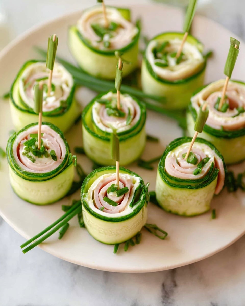 The image shows four cucumber roll-ups placed neatly on a white plate. Each roll-up has three layers: the outer layer is a thin cucumber slice, light green with darker green edges and a moist texture; inside this is a creamy white cheese with small green herb bits mixed in, creating a soft, spreadable layer; the innermost layer is a pink, thinly sliced ham rolled tightly into a spiral shape. Each roll-up is held together in the center by a toothpick standing upright. The plate is set on a white marbled surface with soft, natural light highlighting the fresh and fresh textures. photo taken with an iphone --ar 4:5 --v 7