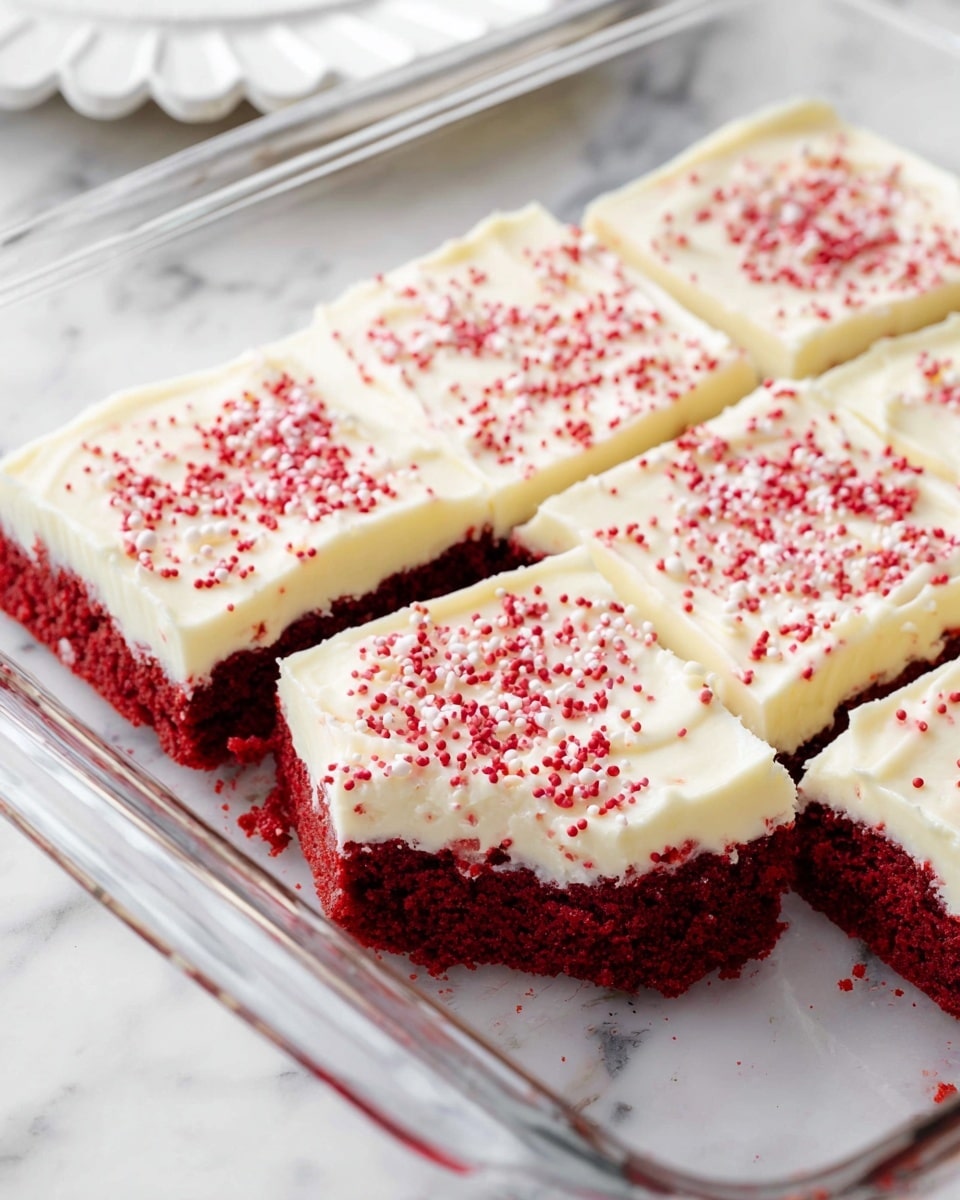 A clear glass baking dish holds six square pieces of rich red velvet cake with a thick, smooth layer of creamy white frosting on top. The frosting is decorated with small, evenly spread red sprinkles, adding texture and color contrast. The cake layer is dense and moist with a deep red color beneath the frosting. The baking dish is set on a white marbled surface, and in the background, there is a white dish with a scalloped edge slightly out of focus. Photo taken with an iphone --ar 4:5 --v 7