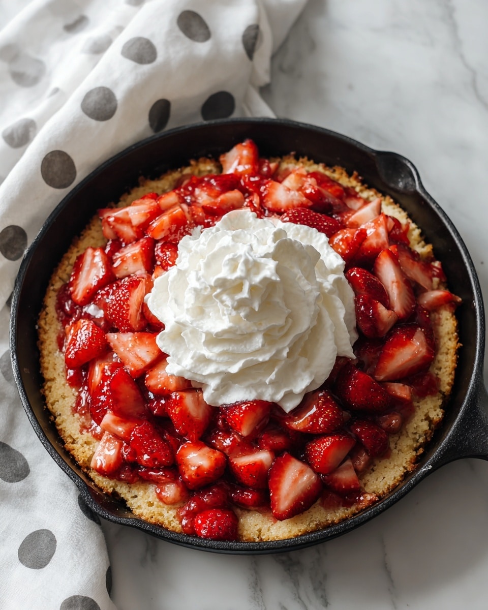 A round dessert in a black cast iron skillet with one handle is shown from above, placed on a white marbled textured surface. The bottom layer is a golden-baked cake with a slightly uneven surface, topped with a layer of whole and chopped bright red strawberries that are juicy and fresh. On top of the strawberries, in the center, there is a thick dollop of smooth white whipped cream. A white cloth with gray polka dots is placed loosely next to the skillet. photo taken with an iphone --ar 4:5 --v 7