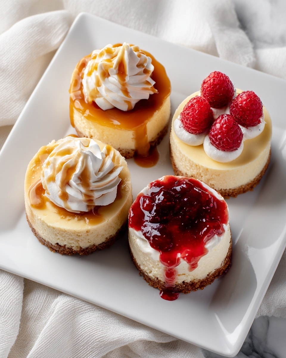 A white square plate holds four mini cheesecakes, each with a crumbly brown base and smooth, pale yellow cheesecake layer. The top left cheesecake is covered with a shiny caramel sauce and a swirl of white whipped cream with caramel drizzle. The bottom left cheesecake also has caramel sauce and a larger swirl of whipped cream with caramel drizzle. The top right cheesecake is topped with four fresh red raspberries and small dollops of whipped cream. The bottom right cheesecake has a thick, glossy red berry sauce with visible strawberry slices spread over the top. The plate sits on a white marbled surface partly covered with a soft white cloth. Photo taken with an iphone --ar 4:5 --v 7